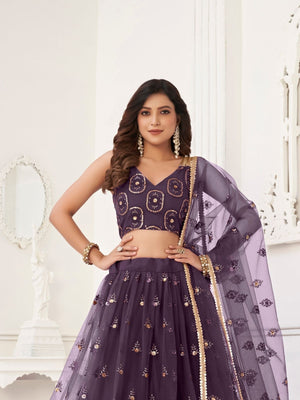 Rajwada Dusty Wine Net Embroidered Semi Stitched Lehenga For Women