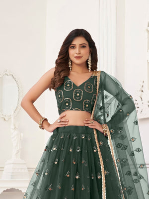 Rajwada Dark Green Net Embroidered Semi Stitched Lehenga For Women