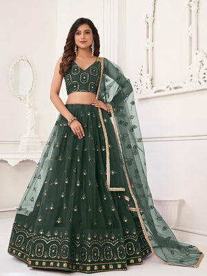 Rajwada Dark Green Net Embroidered Semi Stitched Lehenga For Women