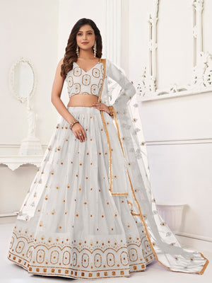 Rajwada White Net Embroidered Semi Stitched Lehenga For Women