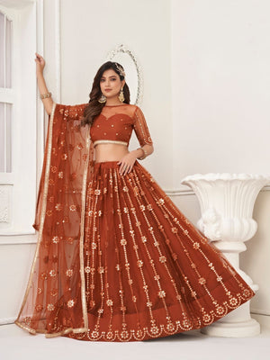 Rajwada Rust Net Embroidered Semi Stitched Lehenga For Women