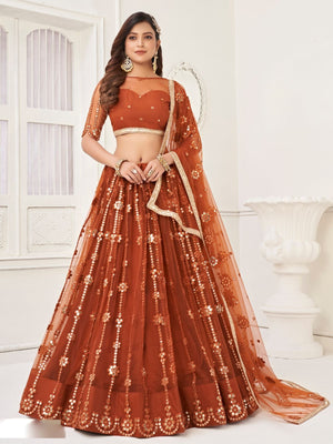 Rajwada Rust Net Embroidered Semi Stitched Lehenga For Women