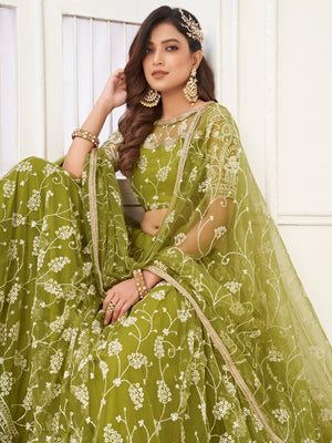 Rajwada Pista Net Embroidered Semi Stitched Lehenga For Women