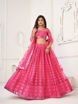 Rajwada Pink Net Embroidered Semi Stitched Lehenga For Women