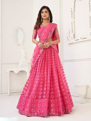 Rajwada Pink Net Embroidered Semi Stitched Lehenga For Women