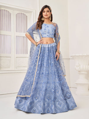 Rajwada Pastel Blue Net Embroidered Semi Stitched Lehenga For Women