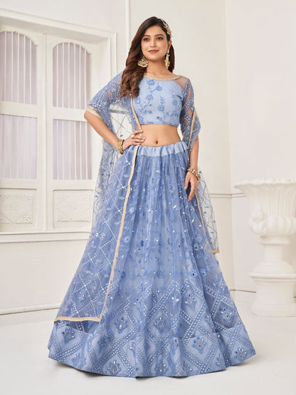 Rajwada Pastel Blue Net Embroidered Semi Stitched Lehenga For Women