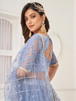 Rajwada Pastel Blue Net Embroidered Semi Stitched Lehenga For Women