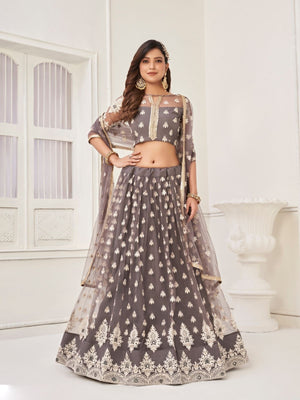 Rajwada Grey Net Embroidered Semi Stitched Lehenga For Women