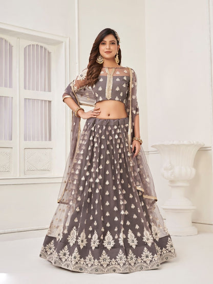 Rajwada Grey Net Embroidered Semi Stitched Lehenga For Women