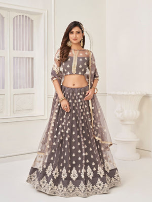 Rajwada Grey Net Embroidered Semi Stitched Lehenga For Women