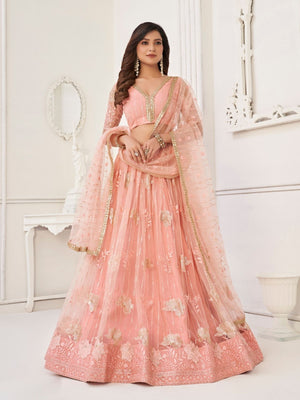 Rajwada Peach Net Embroidered Semi Stitched Lehenga For Women