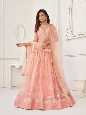 Rajwada Peach Net Embroidered Semi Stitched Lehenga For Women