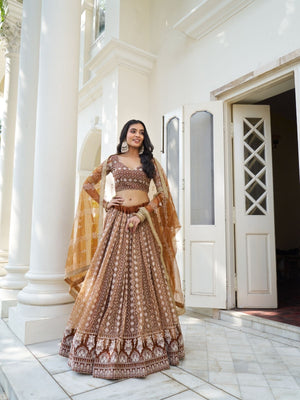 Rajwada Brown Net Embroidered Semi Stitched Lehenga For Women