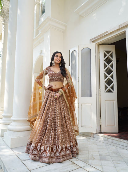 Rajwada Brown Net Embroidered Semi Stitched Lehenga For Women