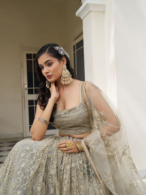 Rajwada Ivory Net Embroidered Semi Stitched Lehenga For Women