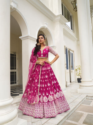 Rajwada Dark Pink Net Embroidered Semi Stitched Lehenga For Women