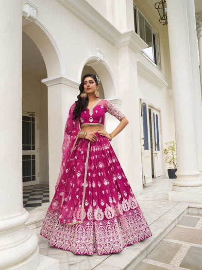 Rajwada Dark Pink Net Embroidered Semi Stitched Lehenga For Women