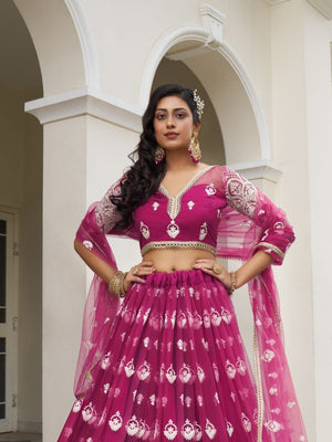 Rajwada Dark Pink Net Embroidered Semi Stitched Lehenga For Women