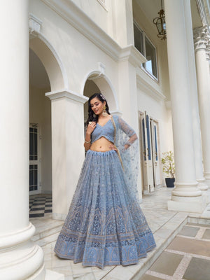 Rajwada Pastel Blue Net Embroidered Semi Stitched Lehenga For Women