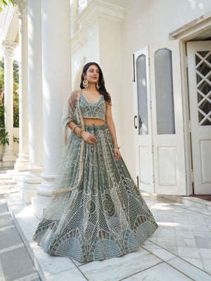 Rajwada Olive Net Embroidered Semi Stitched Lehenga For Women