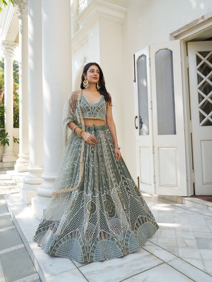 Rajwada Olive Net Embroidered Semi Stitched Lehenga For Women