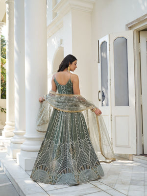 Rajwada Olive Net Embroidered Semi Stitched Lehenga For Women