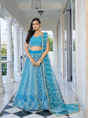 Rajwada Sky Blue Net Embroidered Semi Stitched Lehenga For Women