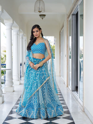 Rajwada Sky Blue Net Embroidered Semi Stitched Lehenga For Women