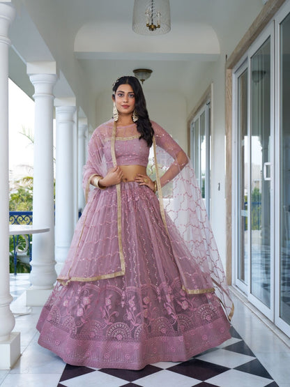 Rajwada Dusty Pink Net Embroidered Semi Stitched Lehenga For Women