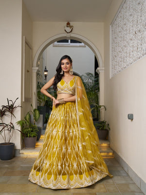 Rajwada Mustard Net Embroidered Semi Stitched Lehenga For Women