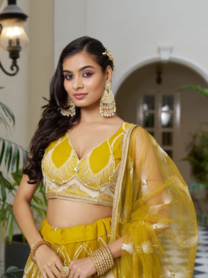 Rajwada Mustard Net Embroidered Semi Stitched Lehenga For Women