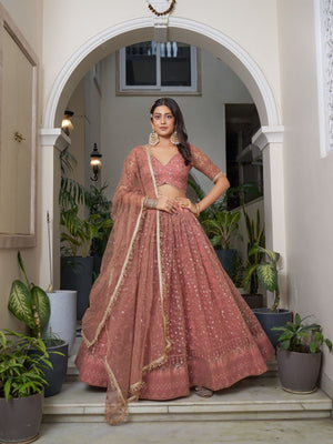 Rajwada Dusty Rose Pink Net Embroidered Semi Stitched Lehenga For Women