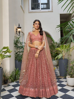 Rajwada Dusty Rose Pink Net Embroidered Semi Stitched Lehenga For Women