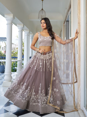 Rajwada Dark Beige Net Embroidered Semi Stitched Lehenga For Women