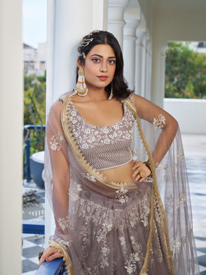 Rajwada Dark Beige Net Embroidered Semi Stitched Lehenga For Women