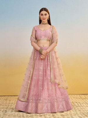 Rajwada Light Pink Net Embroidered Semi Stitched Lehenga For Women