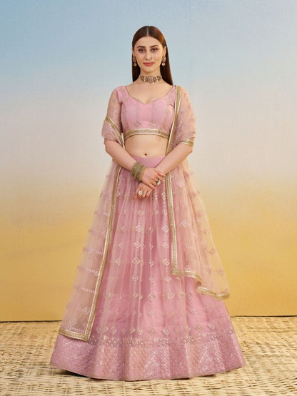Rajwada Light Pink Net Embroidered Semi Stitched Lehenga For Women