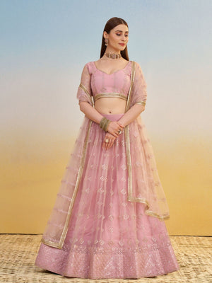 Rajwada Light Pink Net Embroidered Semi Stitched Lehenga For Women