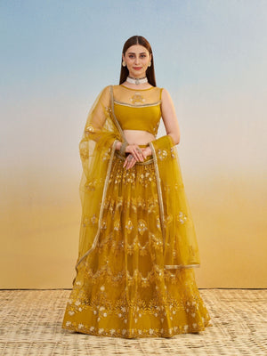Rajwada Mustard Net Embroidered Semi Stitched Lehenga For Women