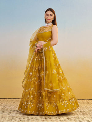 Rajwada Mustard Net Embroidered Semi Stitched Lehenga For Women