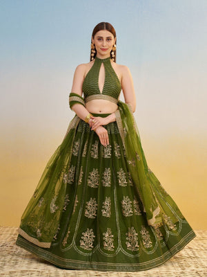 Rajwada Olive Net Embroidered Semi Stitched Lehenga For Women
