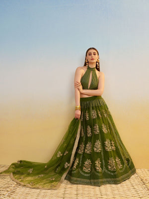 Rajwada Olive Net Embroidered Semi Stitched Lehenga For Women