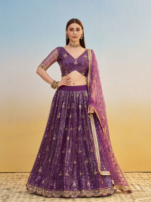 Rajwada Dark Purple Net Embroidered Semi Stitched Lehenga For Women