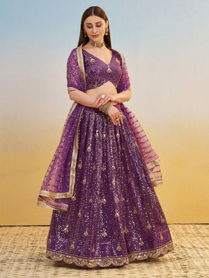 Rajwada Dark Purple Net Embroidered Semi Stitched Lehenga For Women