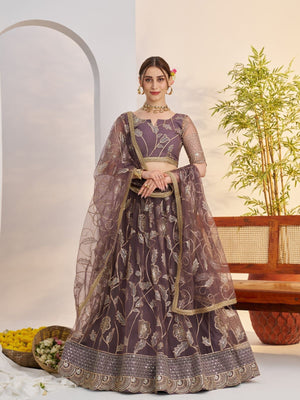 Rajwada Deep Mauve Net Embroidered Semi Stitched Lehenga For Women