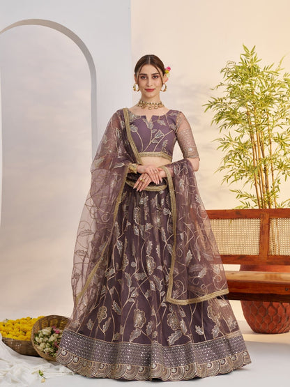 Rajwada Deep Mauve Net Embroidered Semi Stitched Lehenga For Women