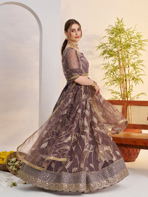 Rajwada Deep Mauve Net Embroidered Semi Stitched Lehenga For Women