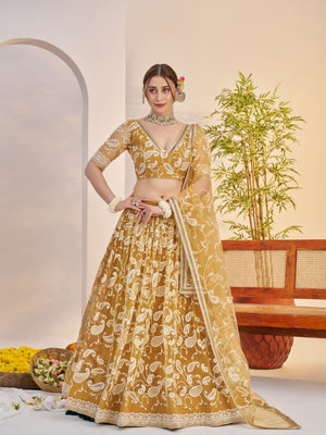 Rajwada Golden Net Embroidered Semi Stitched Lehenga For Women