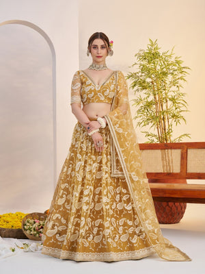 Rajwada Golden Net Embroidered Semi Stitched Lehenga For Women